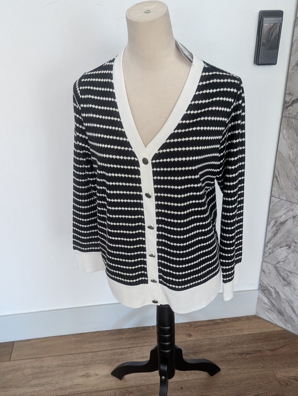 Black & White V-Neck Button Cardigan Sweater - Classic Contrast